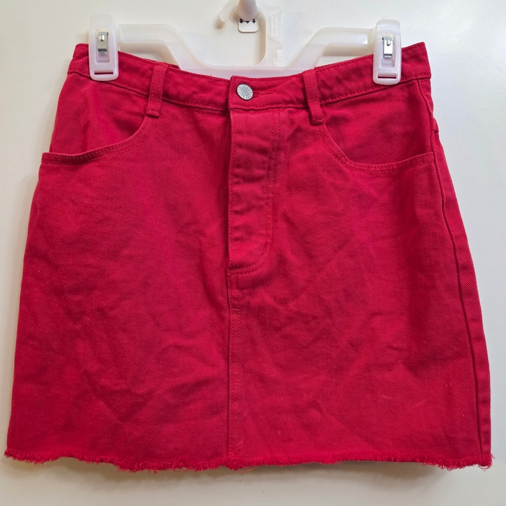 J Galt Red Denim Mini Skirt Frayed Hem High Waist Size M